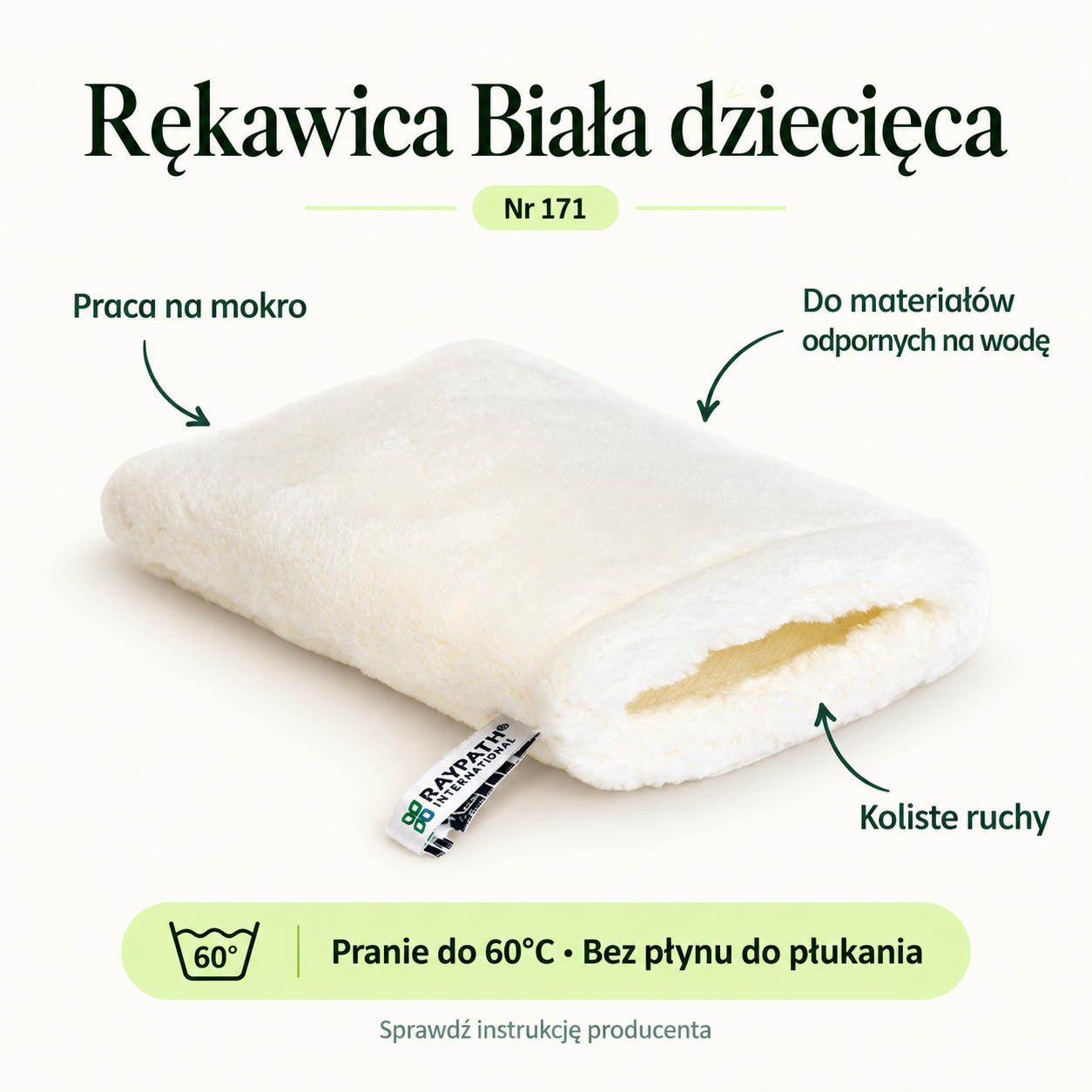 Rękawica Biała dziecięca. Praca na mokro. Do materiałów odpornych na wodę. Koliste ruchy. Pranie do 60°C. Bez płynu do płukania.