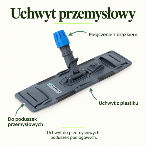 Uchwyt przemysłowy — instrukcja Uchwyt przemysłowy. Do poduszek przemysłowych. Połączenie z drążkiem. Uchwyt z plastiku. Uchwyt do przemysłowych poduszek podłogowych.