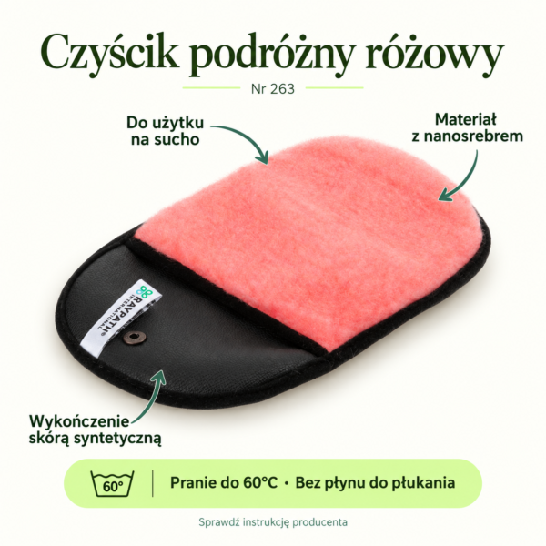Czyścik podróżny różowy. Do użytku na sucho. Materiał z nanosrebrem. Wykończenie skórą syntetyczną. Pranie do 60°C · Bez płynu do płukania