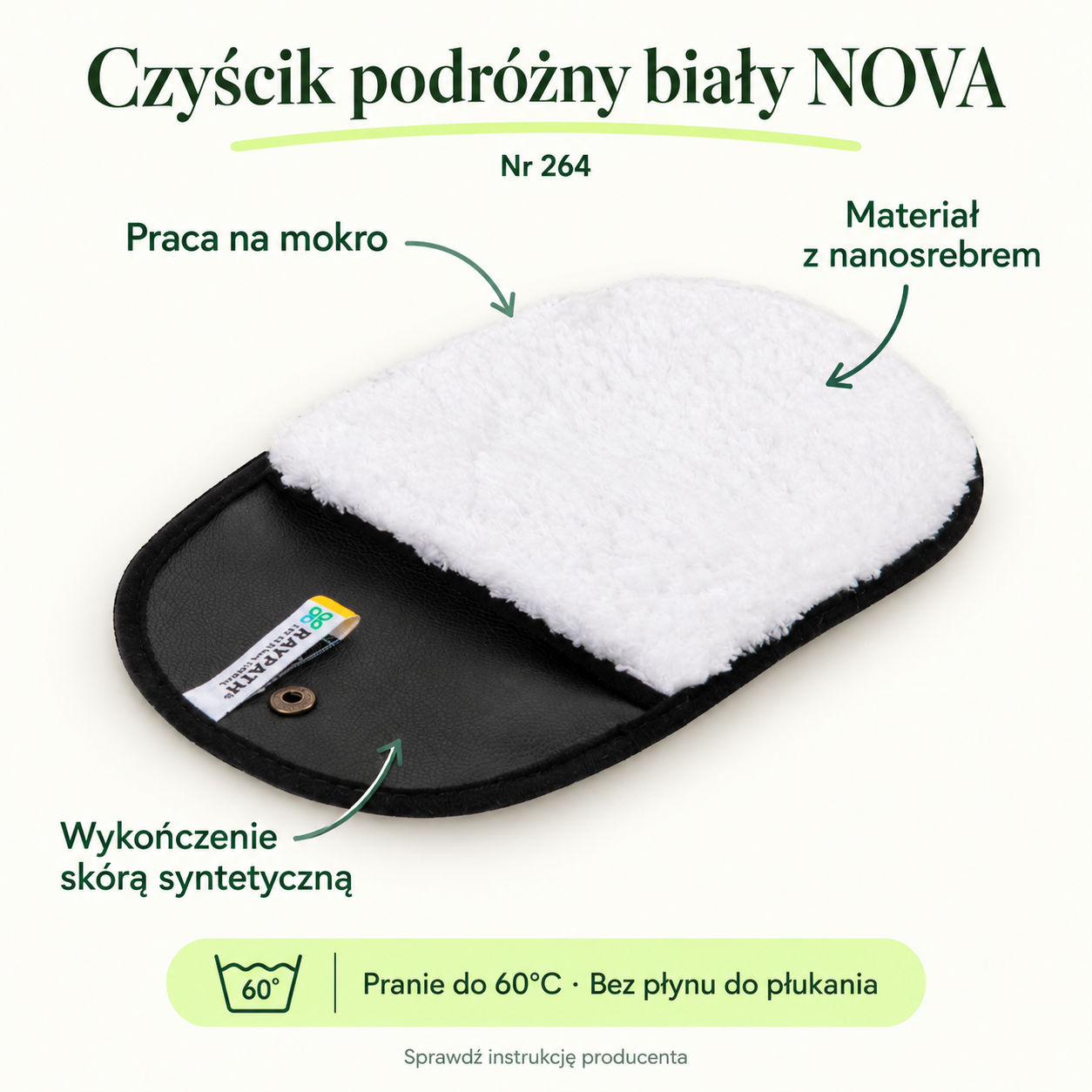 Czyścik podróżny biały NOVA. Praca na mokro. Materiał z nanosrebrem. Wykończenie skórą syntetyczną. Pranie do 60°C · Bez płynu do płukania
