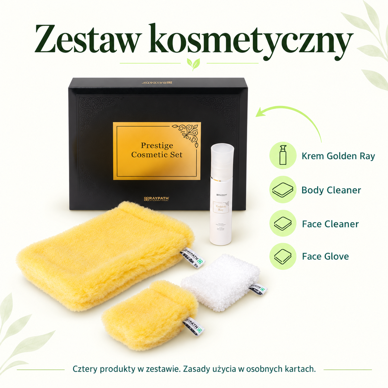 Cosmetic Set. Golden Ray cream. Body Cleaner. Face Cleaner. Face Glove. Four products in the set. Instructions for use are provided in the individual product sheets.