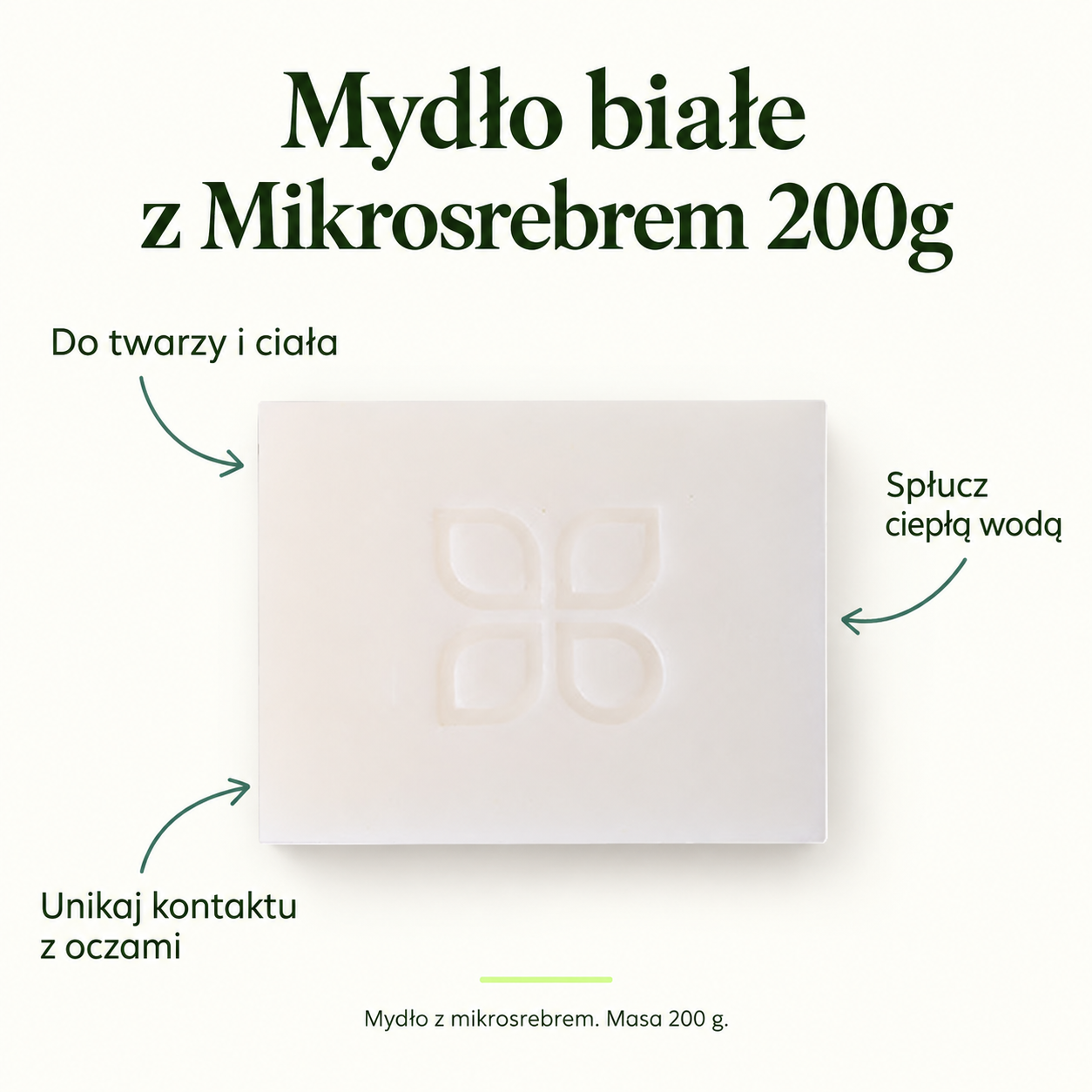 Mydło białe z Mikrosrebrem 200g. Do twarzy i ciała. Spłucz ciepłą wodą. Unikaj kontaktu z oczami. Mydło z mikrosrebrem. Masa 200 g.