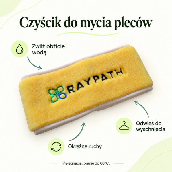 Czyścik do mycia pleców — instrukcja Czyścik do mycia pleców. Zwilż obficie wodą. Okrężne ruchy. Odwieś do wyschnięcia. Pielęgnacja: pranie do 60°C.