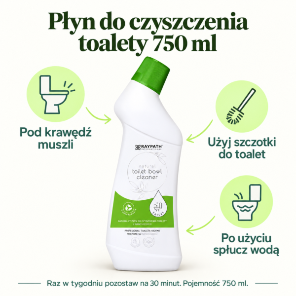 Płyn do czyszczenia toalety 750ml — instrukcja Płyn do czyszczenia toalety 750ml. Pod krawędź muszli. Użyj szczotki do toalet. Po użyciu spłucz wodą. Raz w tygodniu pozostaw na 30 minut. Pojemność 750 ml.