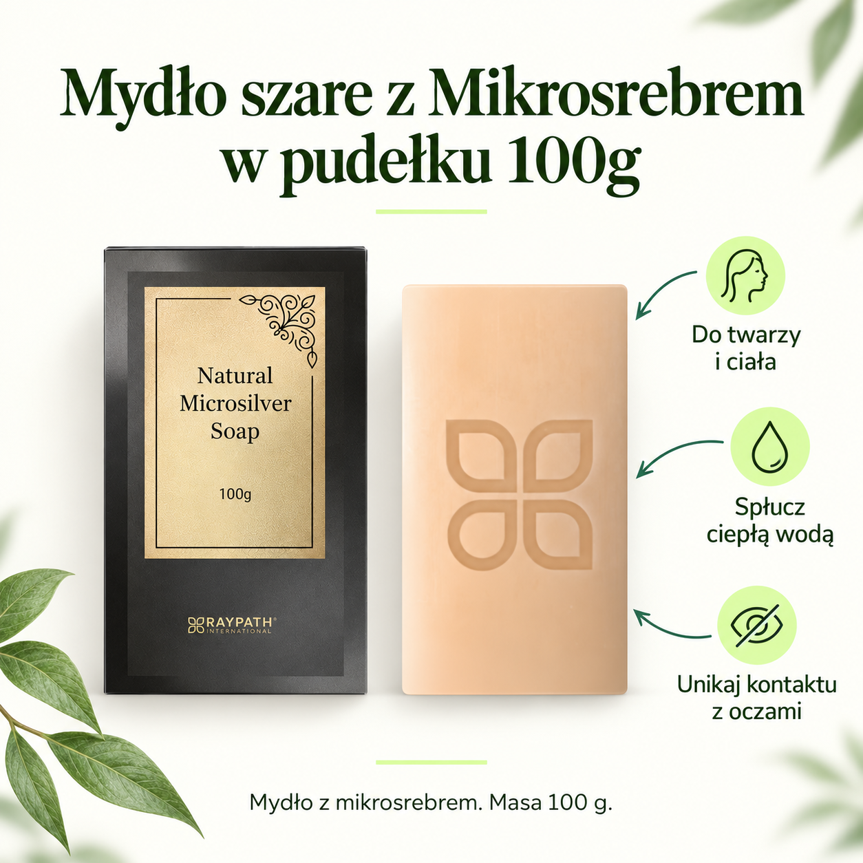 Boxed Grey Soap with Microsilver 100g. For face and body. Rinse with warm water. Avoid contact with the eyes. Soap with microsilver. Weight 100 g.