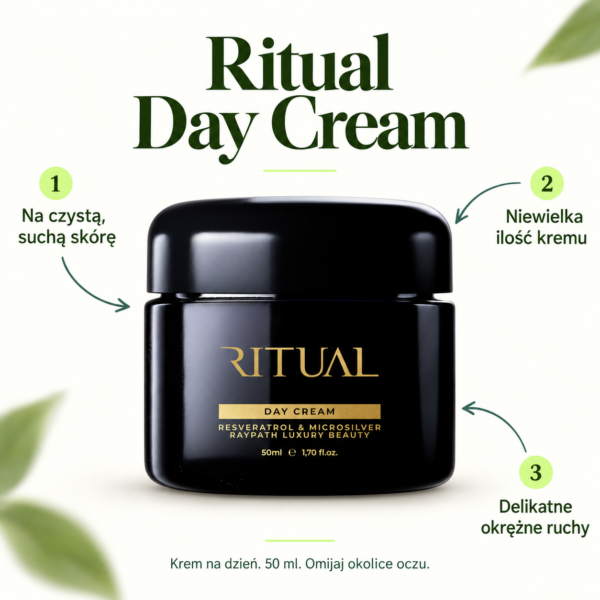 Ritual Day Cream — instrukcja Ritual Day Cream. Na czystą, suchą skórę. Niewielka ilość kremu. Delikatne okrężne ruchy. Krem na dzień. 50 ml. Omijaj okolice oczu.