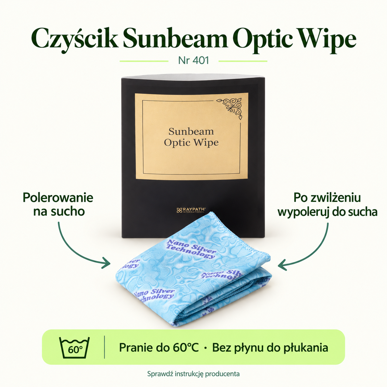 Czyścik Sunbeam Optic Wipe. Polerowanie na sucho. Po zwilżeniu wypoleruj do sucha. Pranie do 60°C · Bez płynu do płukania