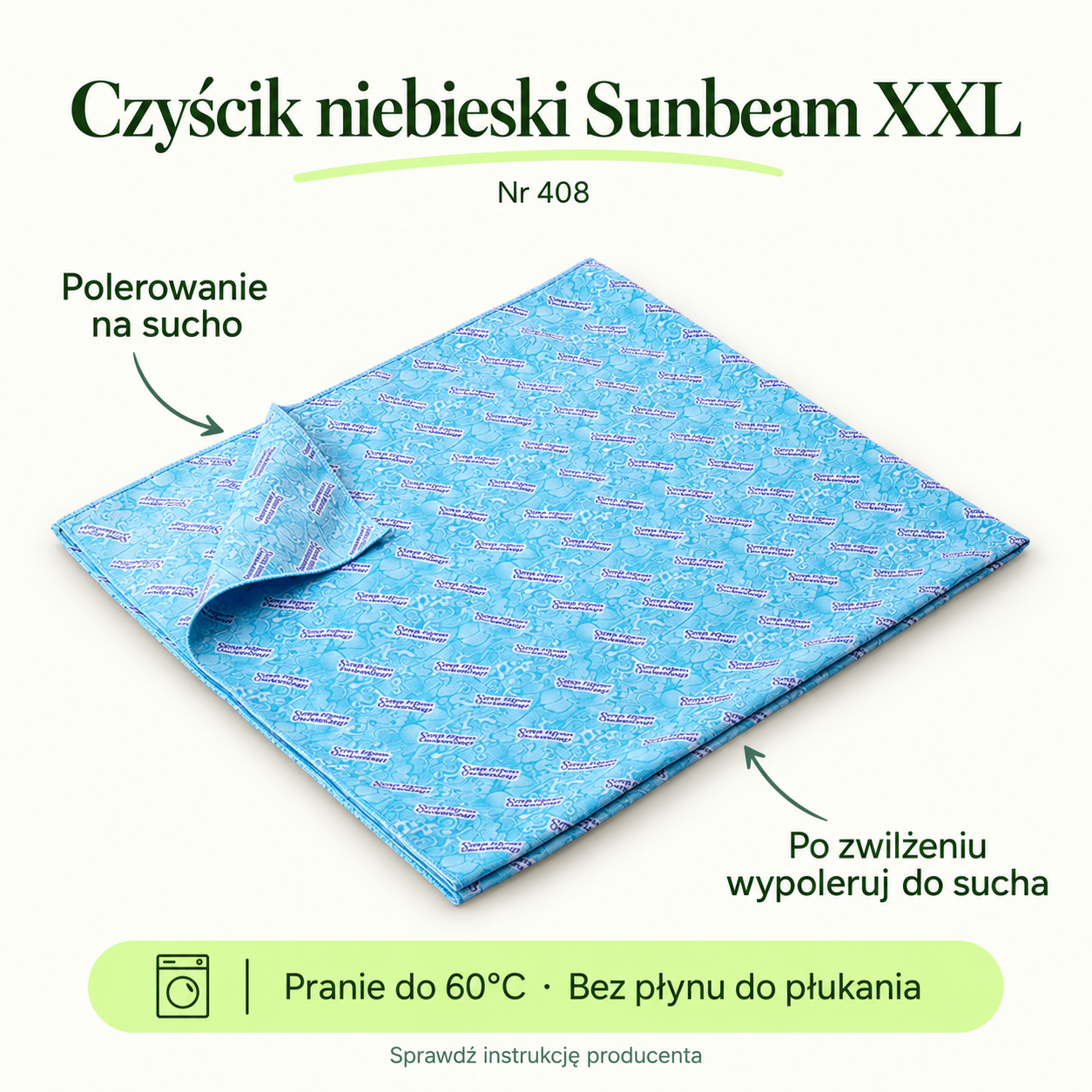 Czyścik niebieski Sunbeam XXL. Polerowanie na sucho. Po zwilżeniu wypoleruj do sucha. Pranie do 60°C · Bez płynu do płukania