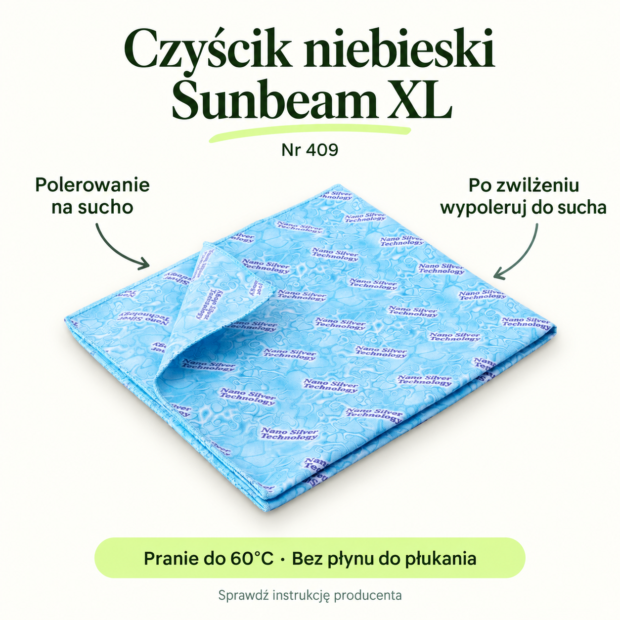 Czyścik niebieski Sunbeam XL. Polerowanie na sucho. Po zwilżeniu wypoleruj do sucha. Pranie do 60°C · Bez płynu do płukania
