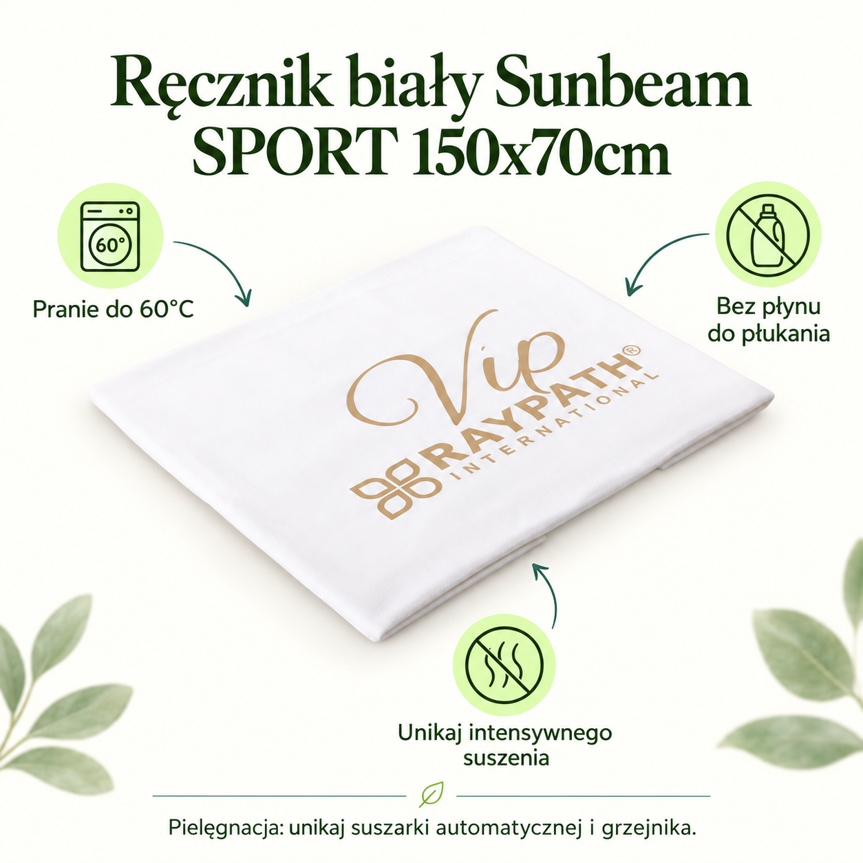 Ręcznik biały Sunbeam SPORT 150x70cm. Pranie do 60°C. Bez płynu do płukania. Unikaj intensywnego suszenia. Pielęgnacja: unikaj suszarki automatycznej i grzejnika.