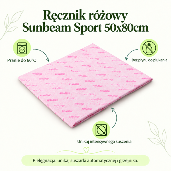 Ręcznik różowy Sunbeam Sport 50x80cm. Pranie do 60°C. Bez płynu do płukania. Unikaj intensywnego suszenia. Pielęgnacja: unikaj suszarki automatycznej i grzejnika.