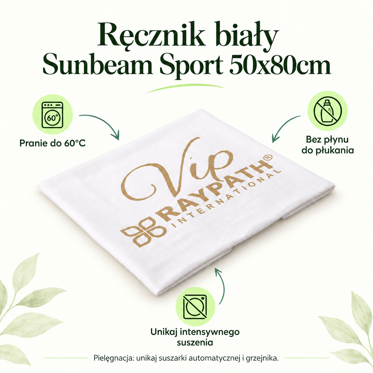 Ręcznik biały Sunbeam Sport 50x80cm. Pranie do 60°C. Bez płynu do płukania. Unikaj intensywnego suszenia. Pielęgnacja: unikaj suszarki automatycznej i grzejnika.