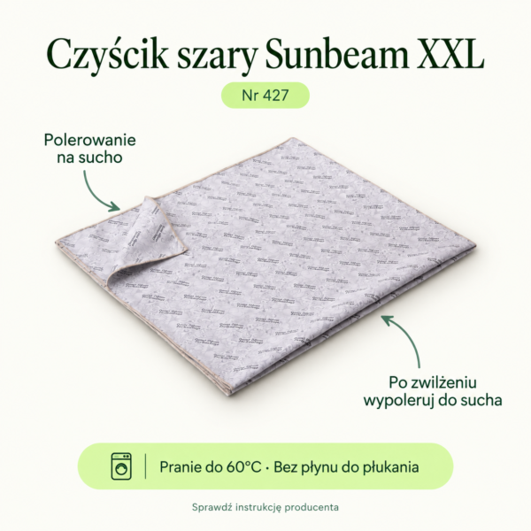 Czyścik szary Sunbeam XXL. Polerowanie na sucho. Po zwilżeniu wypoleruj do sucha. Pranie do 60°C · Bez płynu do płukania
