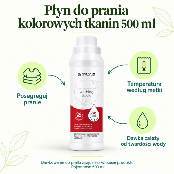 Płyn do prania kolorowych tkanin 500ml. Posegreguj pranie. Temperatura według metki. Dawka zależy od twardości wody. Dawkowanie do pralki znajdziesz w opisie produktu. Pojemność 500 ml.