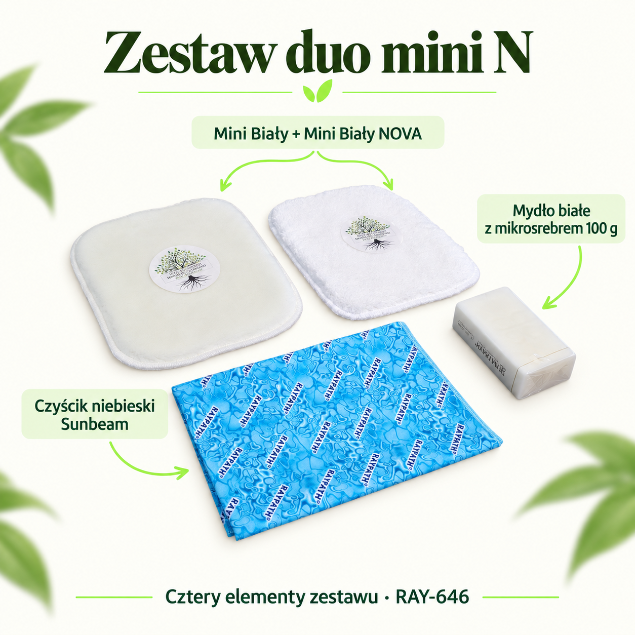 Duo mini N set: set contents: White Mini Cleaning Cloth, White NOVA Mini Cleaning Cloth, White microsilver soap 100 g, Blue Sunbeam cleaning cloth.
