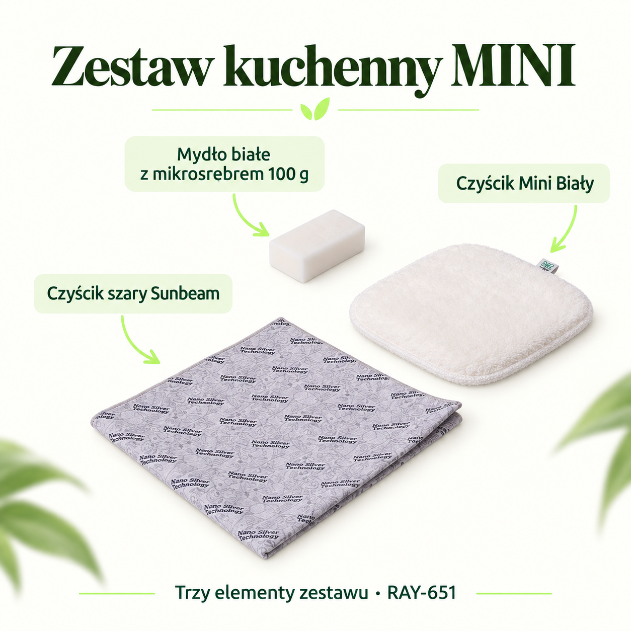 ZESTAW KUCHENNY MINI — skład zestawu: Czyścik Mini Biały, Mydło białe z mikrosrebrem 100 g, Czyścik szary Sunbeam.