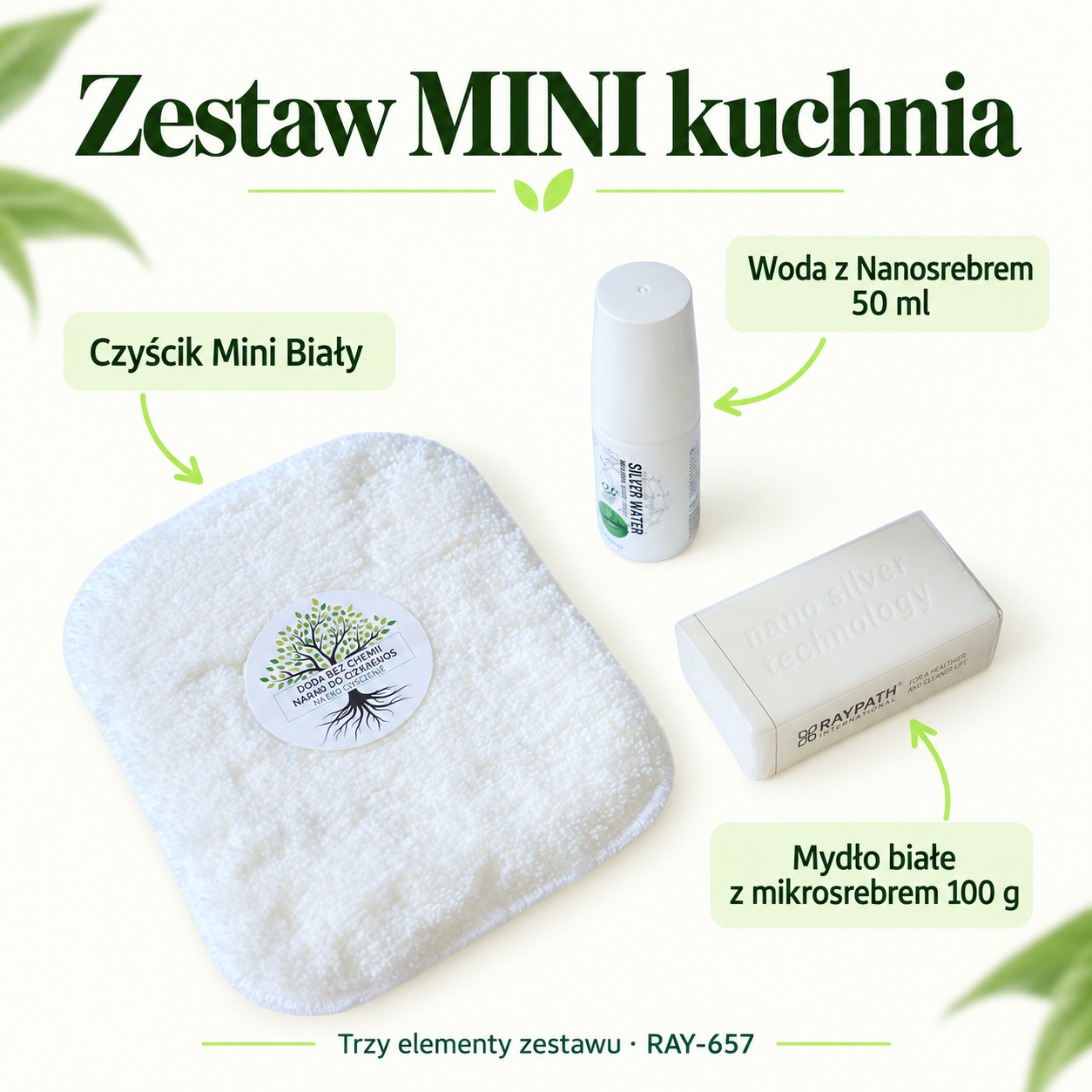 Zestaw MINI kuchnia — skład zestawu: Woda z Nanosrebrem 50 ml, Czyścik Mini Biały, Mydło białe z mikrosrebrem 100 g.