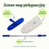 Zestaw mop pielęgnacyjny — zawartość zestawu Zestaw mop pielęgnacyjny. Poduszka pielęgnacyjna. Drążek aluminiowy 165 cm. Uchwyt błyskawiczny. Trzy elementy w zestawie według producenta.