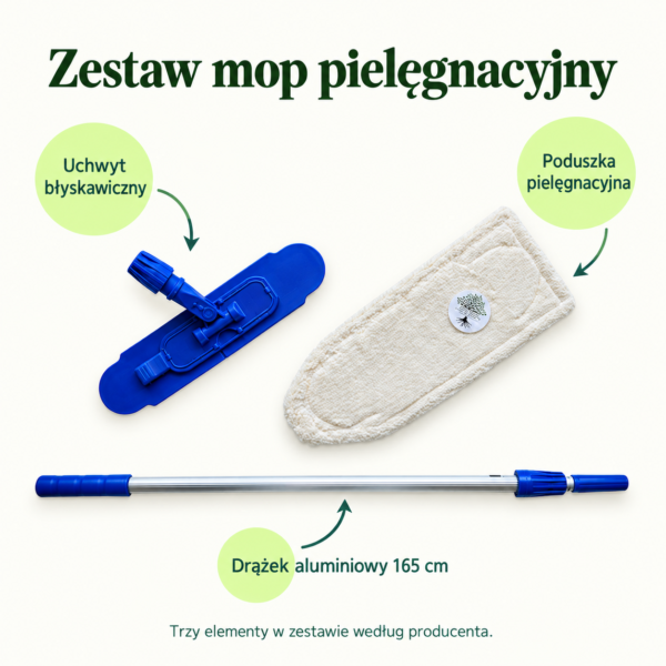 Zestaw mop pielęgnacyjny — zawartość zestawu Zestaw mop pielęgnacyjny. Poduszka pielęgnacyjna. Drążek aluminiowy 165 cm. Uchwyt błyskawiczny. Trzy elementy w zestawie według producenta.