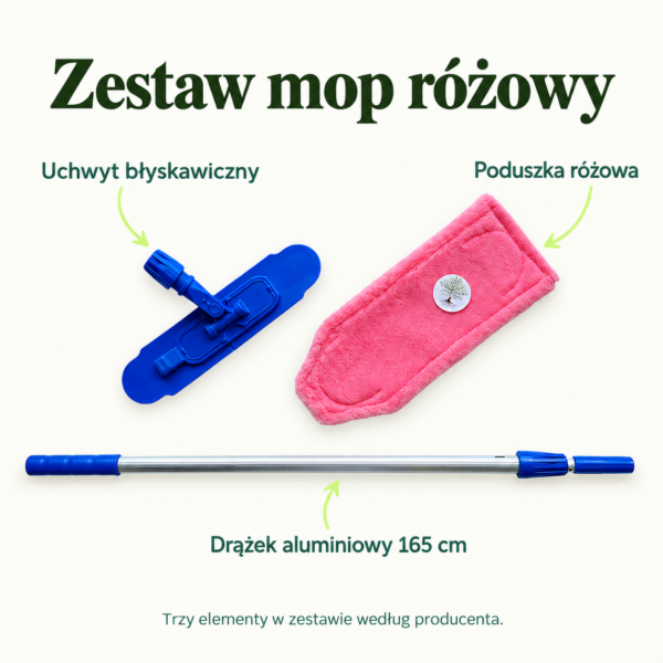 Zestaw mop różowy. Poduszka różowa. Drążek aluminiowy 165 cm. Uchwyt błyskawiczny. Trzy elementy w zestawie według producenta.