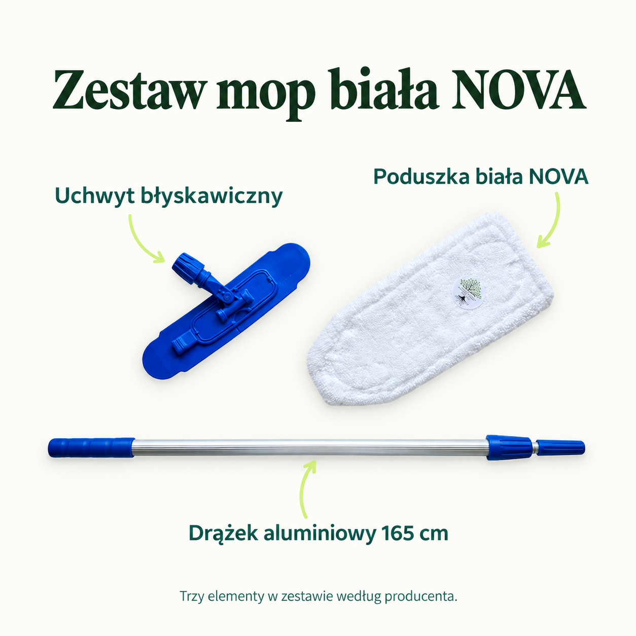 Zestaw mop biała nova. Poduszka biała NOVA. Drążek aluminiowy 165 cm. Uchwyt błyskawiczny. Trzy elementy w zestawie według producenta.