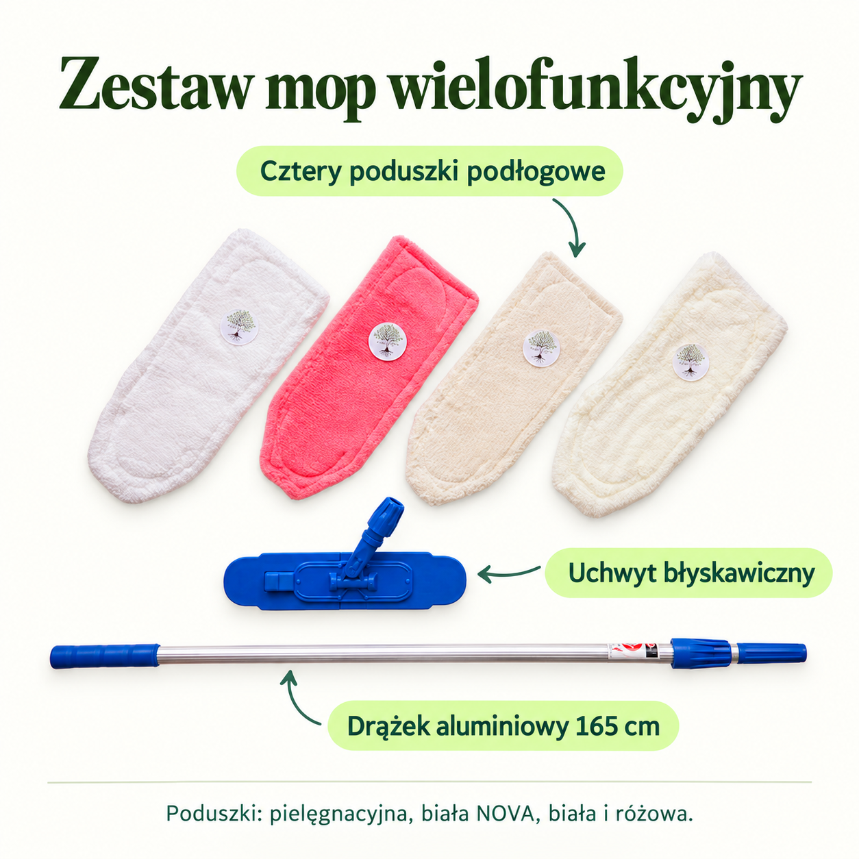 Multipurpose mop set. Four floor pads. Aluminium rod 165 cm. Quick-release holder. Pads: care, white NOVA, white and pink.