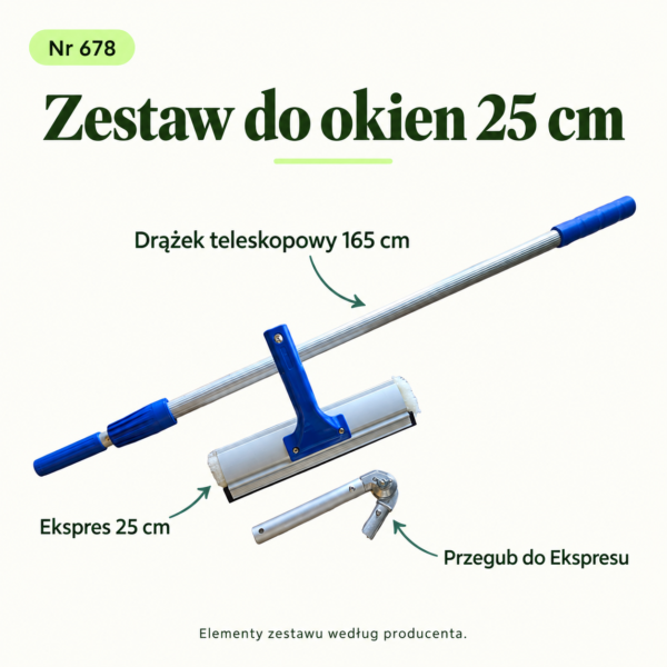 Zestaw do okien 25 cm. Drążek teleskopowy 165 cm. Ekspres 25 cm. Przegub do Ekspresu. Elementy zestawu według producenta.