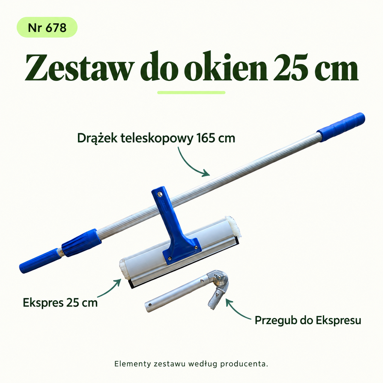 Window set 25 cm. Telescopic rod 165 cm. Window cleaning tool 25 cm. Joint for the window cleaning tool. Set components.