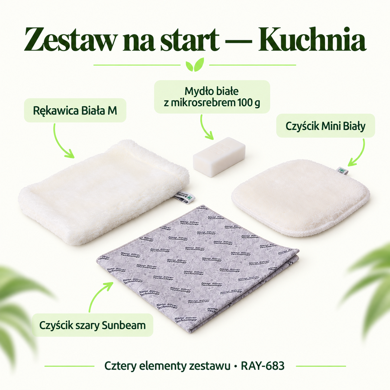 Zestaw na start – Kuchnia — skład zestawu: Rękawica Biała M, Czyścik Mini Biały, Mydło białe z mikrosrebrem 100 g, Czyścik szary Sunbeam.