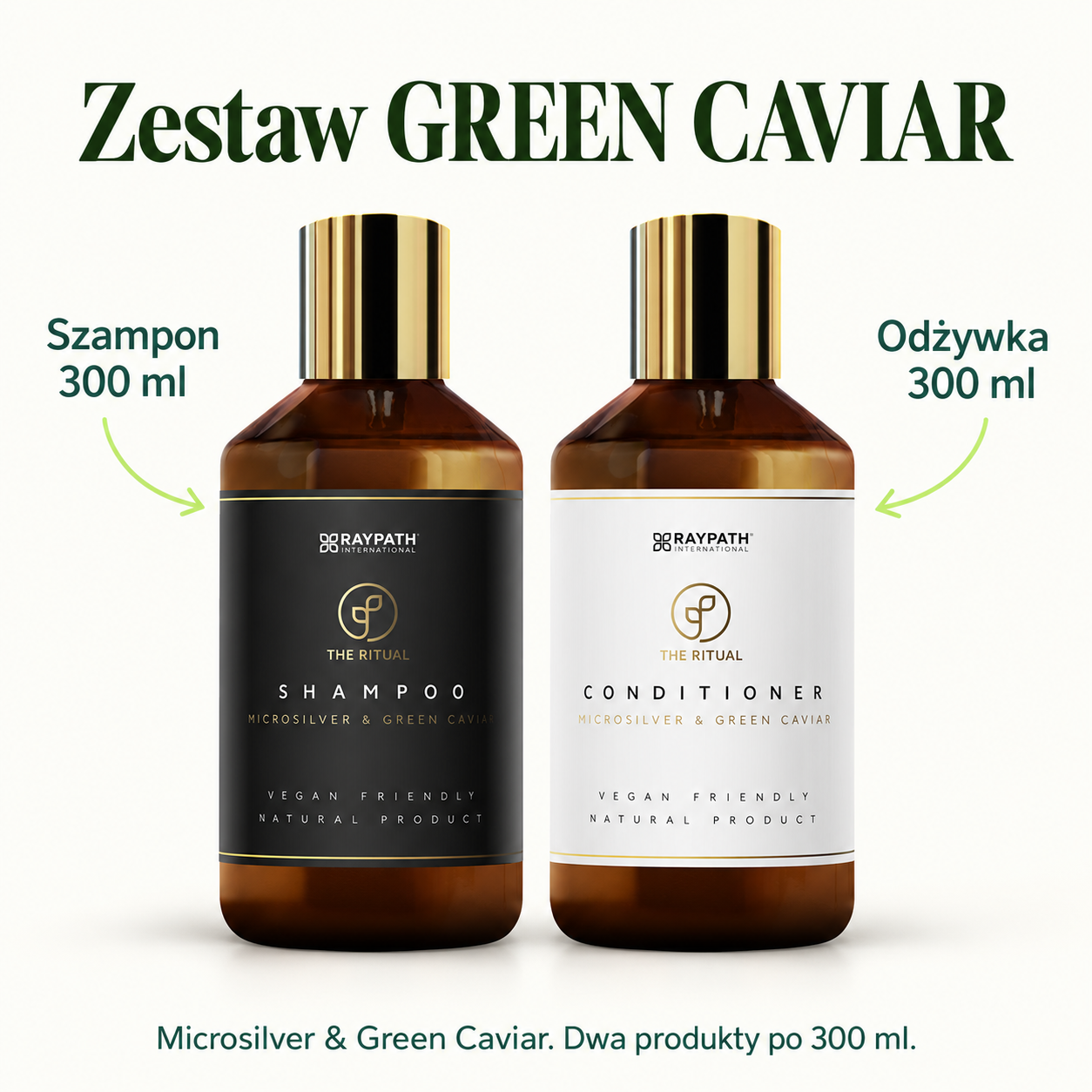 Zestaw kosmetyków do włosów GREEN CAVIAR. Szampon 300 ml. Odżywka 300 ml. Microsilver & Green Caviar. Dwa produkty po 300 ml.