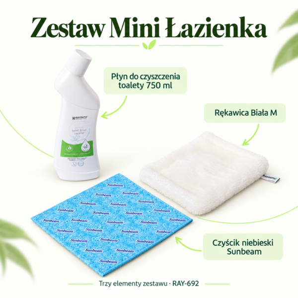Zestaw Mini Łazienka — skład zestawu: Płyn do czyszczenia toalety 750 ml, Rękawica Biała M, Czyścik niebieski Sunbeam.
