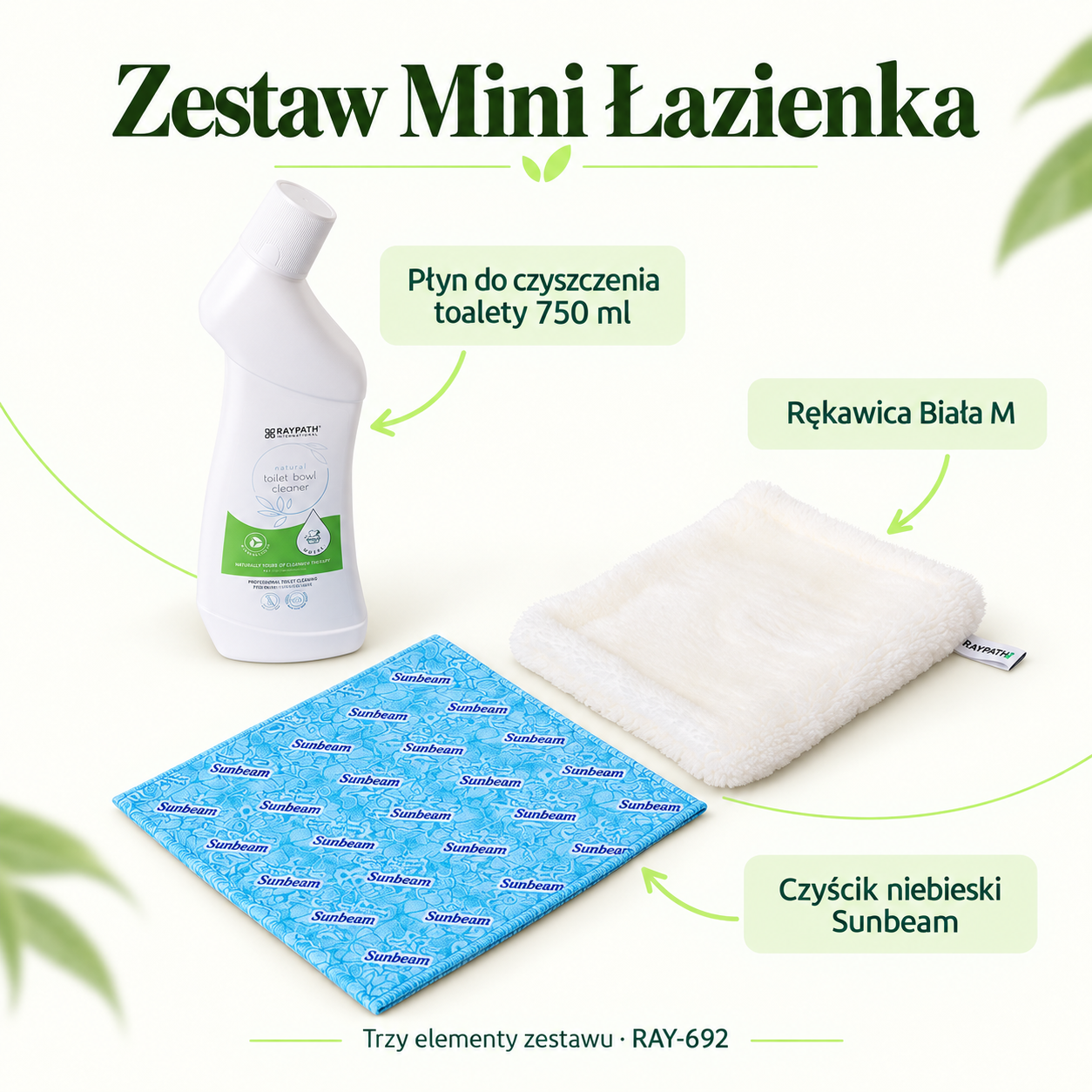 Mini Bathroom Set. Set contents: Toilet Cleaner 750 ml, White Glove M, Blue Sunbeam Cleaning Cloth.